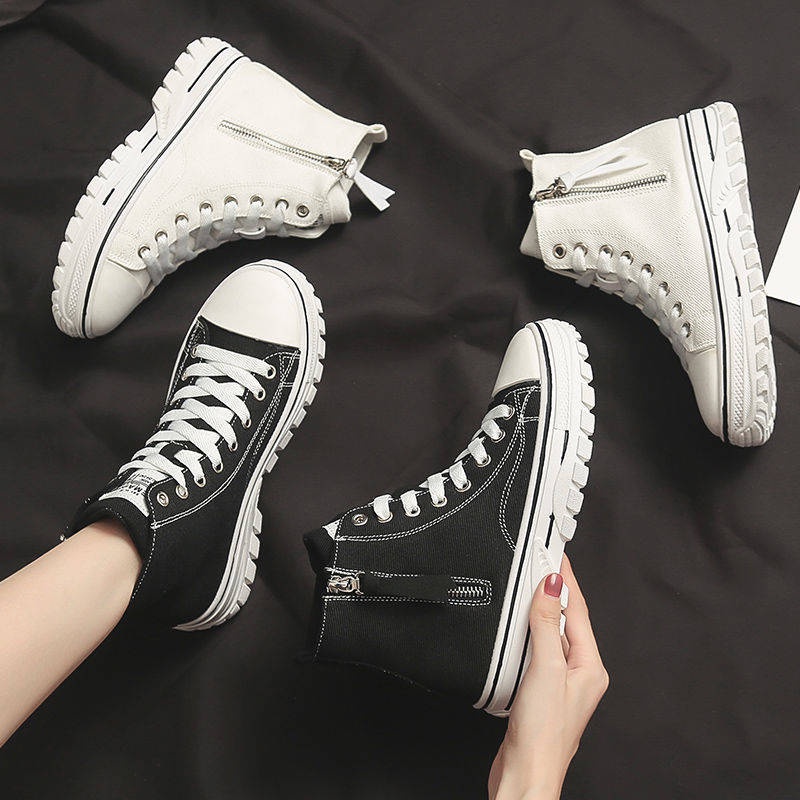 Giày Vải Canvas Cổ Cao Có Khóa Kéo Bên Hông Thoáng Khí Phong Cách Hàn Quốc Thời Trang Thu Đông Mới