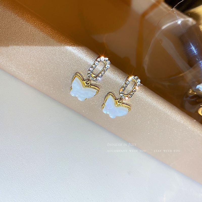 Bông Tai Hình Tròn Họa Tiết Bướm Đính Đá Lấp Lánh Phong Cách Hàn Quốc Thời Trang Cho Nữ