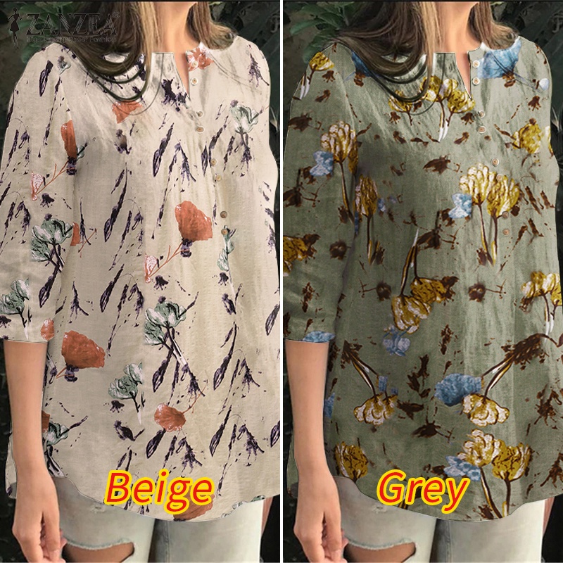 Zanzea Áo Sơ Mi Tay 3 / 4 Bằng Cotton In Họa Tiết Dành Cho Nữ