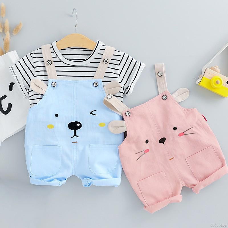 Set áo thun ngắn tay + quần đùi yếm thời trang cho bé gái từ 1 - 3 tuổi