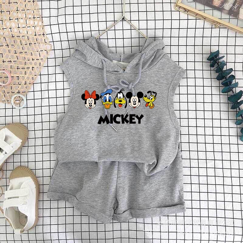 Bộ Áo Hoodie Sát Nách + Quần Sooc Vải Cotton In Hoạt Hình Thời Trang Mùa Hè Cho Bé 3-7 Tuổi