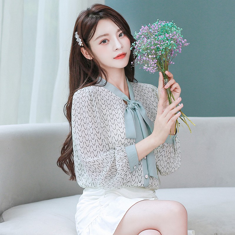 Áo Sơ Mi Nữ Tay Dài Cổ Thắt Nơ Phong Cách Hàn Quốc