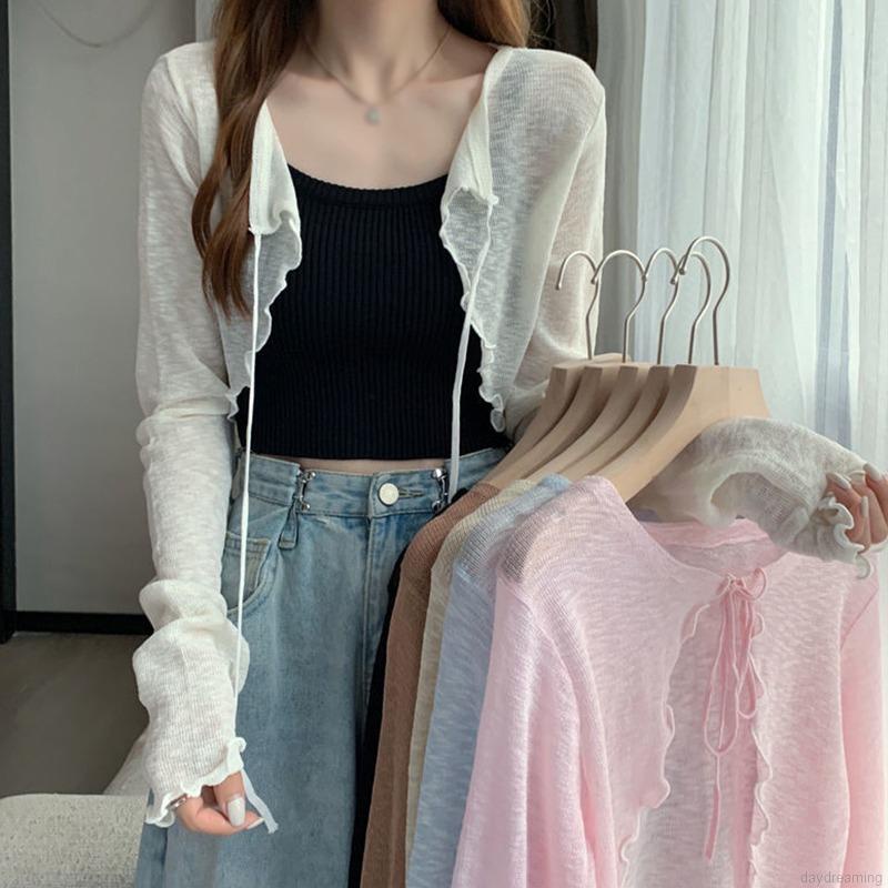 Áo Khoác cardigan Dệt Kim Mỏng Tay Dài Thắt Nơ Kiểu Pháp Dành Cho Nữ