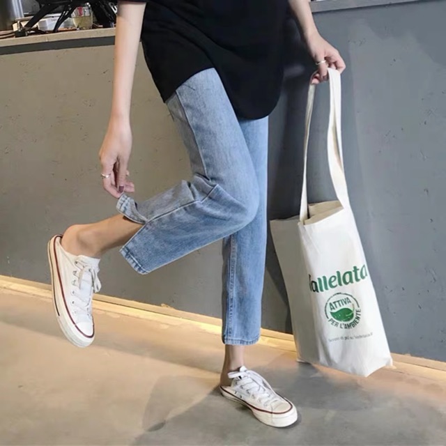 Quần bò ống suông/ quần jeans nữ baggy lưng cao Ulzzang Quảng Châu (Mom Jeans)