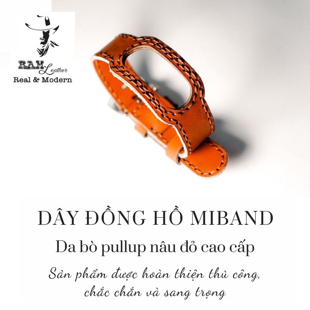 Dây miband 3 , miband 4 , miband 5, miband 6 da bò nâu đỏ - RAM Leather