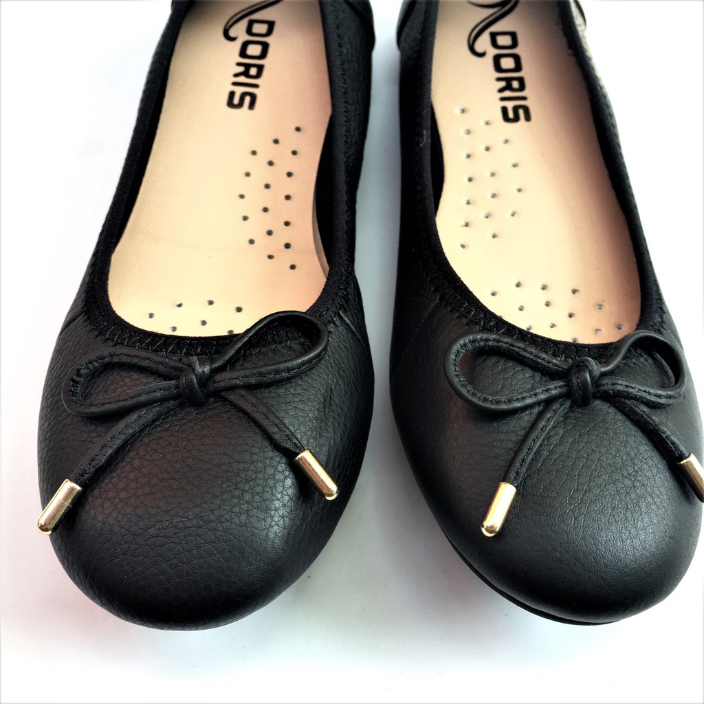 Giày búp bê nữ ❤️FREESHIP❤️ da thật mũi tròn gắn nơ nhỏ màu đen DORIS DR007. | BigBuy360 - bigbuy360.vn