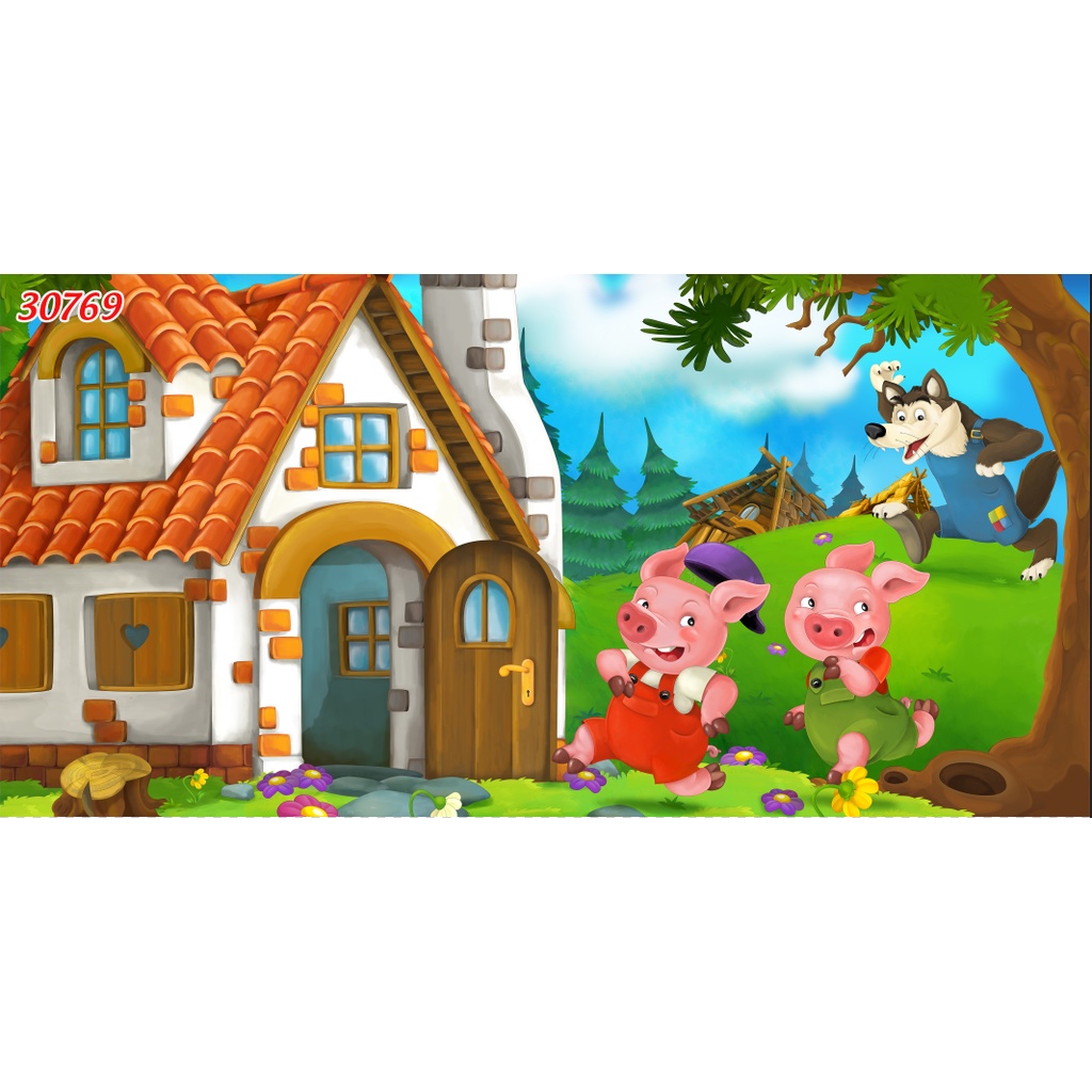 Tranh 3D Dán Tường Phòng Trẻ Em Nhiều Chủ Đề Ngôi làng trẻ thơ, gia đình dê, lợn, nông trại vui vẻ