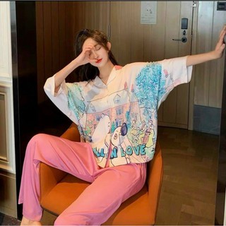 Đồ Bộ Phi Lụa Quần Dài, Pijama Lụa Cao Cấp, Hoạ Tiết Gấu Trẻ Trung