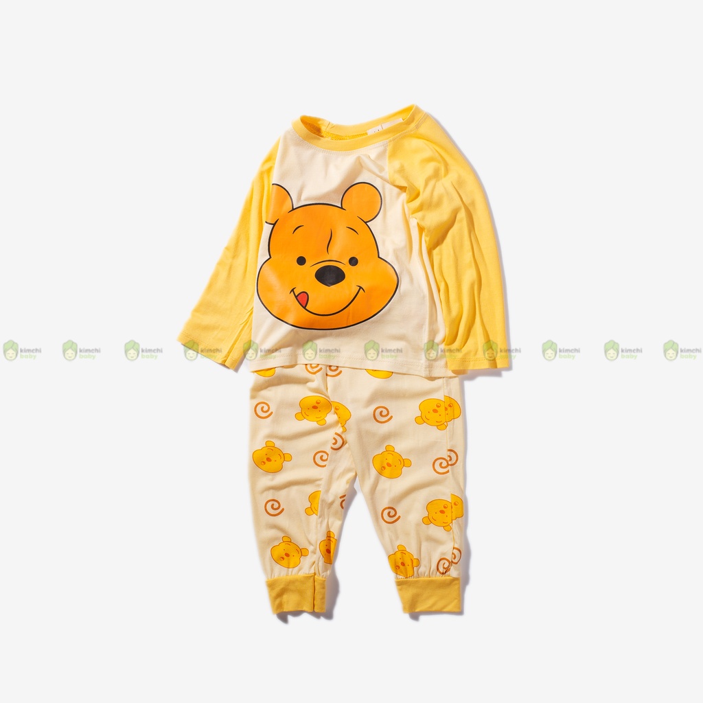 Bộ Dài Tay Cho Bé Trai, Bé Gái Vải Thun Lạnh Minky Mom Hoạ Tiết Gấu Pooh, Đồ Bộ Dài Tay Cho Bé Mặc Nhà MKMTD2201