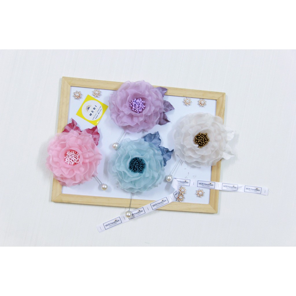(ảnh thật 100%) Hoa cài áo handmade mẫu hoa mẫu đơn vải voan size 10-11cm