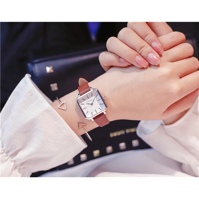 Đồng Hồ Nữ Dây Da Ulzzang Mặt Vuông Phong Cách Hàn Quốc - Hazo