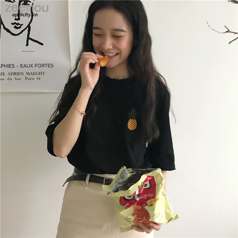 Áo thun ngắn tay màu trơn in hình quả dứa phong cách Hàn Quốc