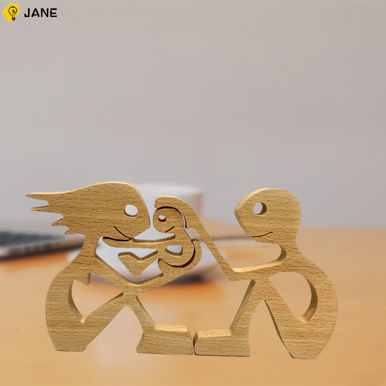 JANE Gift Couple Family Carving Craft Heart Lovers Kids Table Ornaments Wooden Sculpture Office Home Decor Desk Statues Mini Ornaments Sculpture