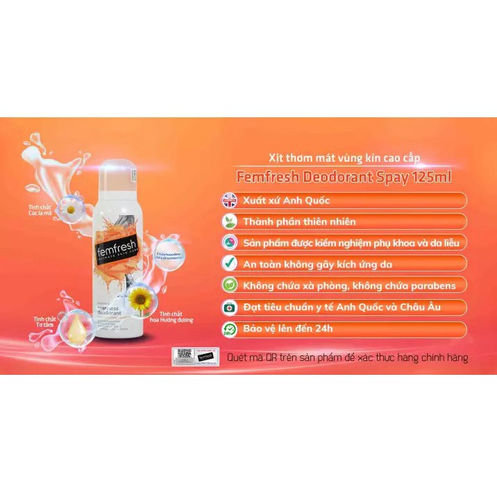 Xịt Thơm Mát Vùng Kín Femfresh Deodorant Spay 125ml (Cam)