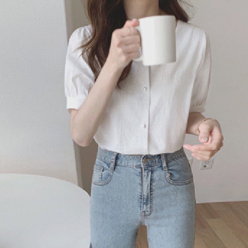 Áo sơ mi RENJIANVSHENG 168521 tay ngắn vải lanh cotton màu trơn cổ vuông dáng rộng đơn giản hợp thời trang