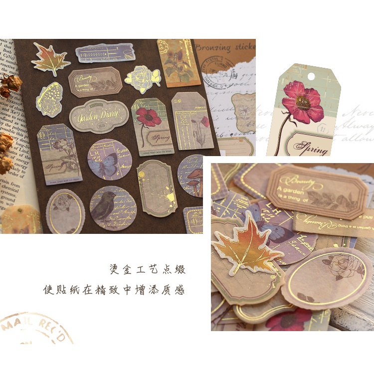 Bộ 40 sticker TEM CỔ ĐIỂN ÁNH KIM LẤP LÁNH RETRO VINTAGE dùng trang trí sổ Bullet Journal, decor thư thiệp