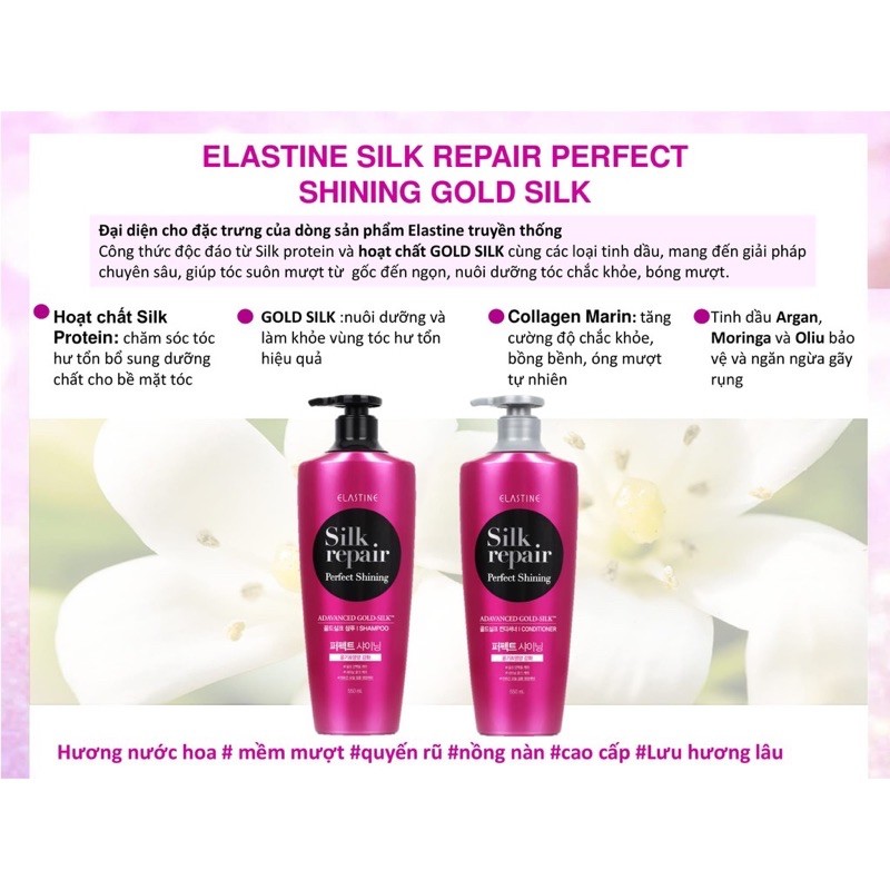 Bộ dầu gội, xả chăm sóc và nuôi dưỡng tóc Elastine Silk Repair Perfect Shining Gold Silk 550ml/ 1chai ( đỏ)