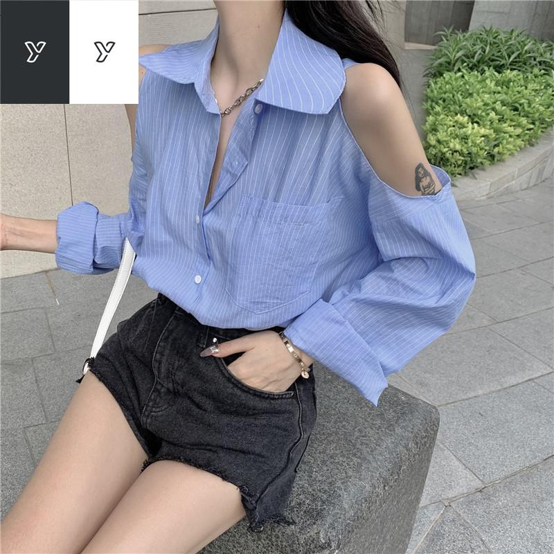 ✶✜♂Áo sơ mi hở vai retro dài giữa lỏng thiết kế dành cho phụ nữ niche kiểu Hồng Kông mỏng nhẹ hàng đầu của Pháp mùa hè c