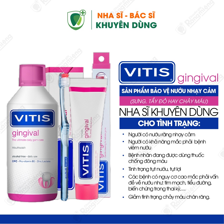 Bộ 3 Món Chăm Sóc Nướu Lợi VITIS GINGIVAL, Gồm Nước súc miệng 500ml, Kem đánh răng 100ml, Bàn chải lông mềm