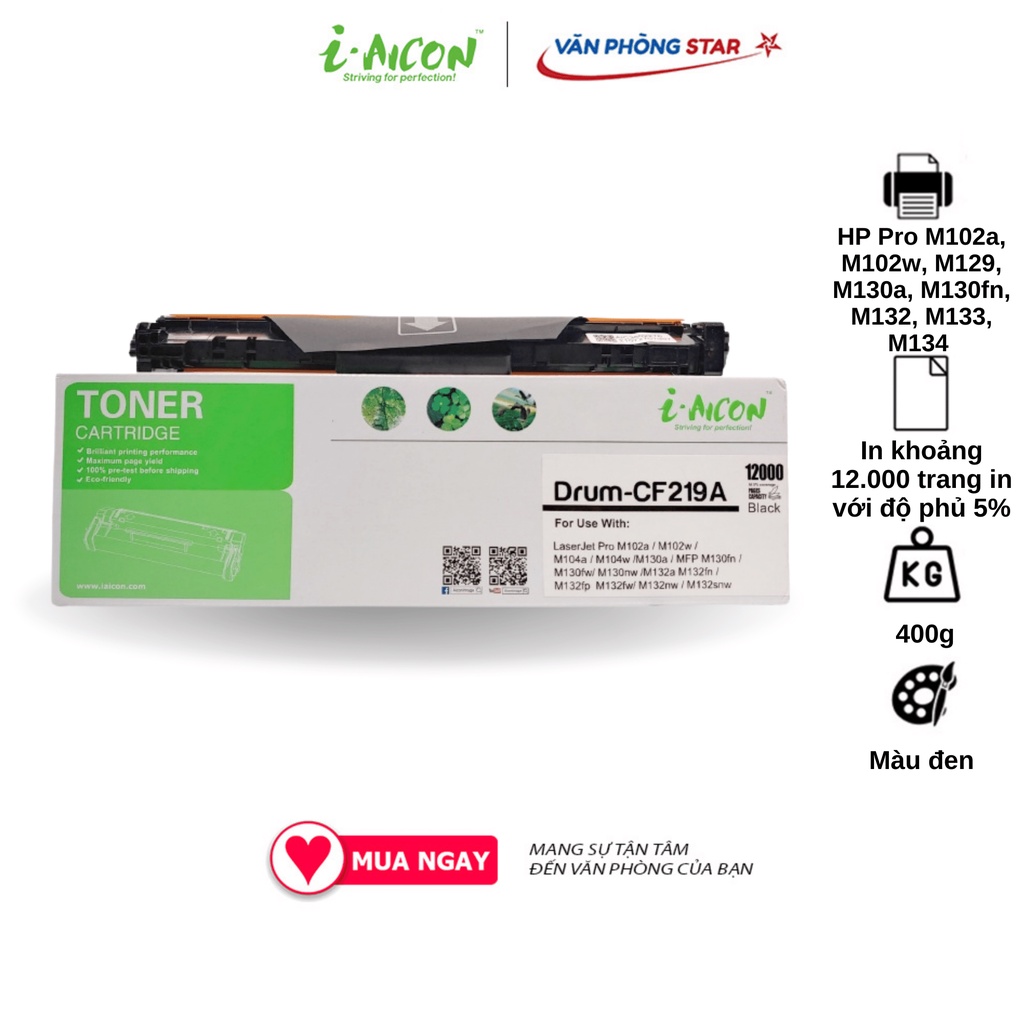Cụm trống 19A I-AICON dùng cho máy in HP Pro M102a, M102w, M129, M130a, M130fn, M132, M133, M134. BẢ