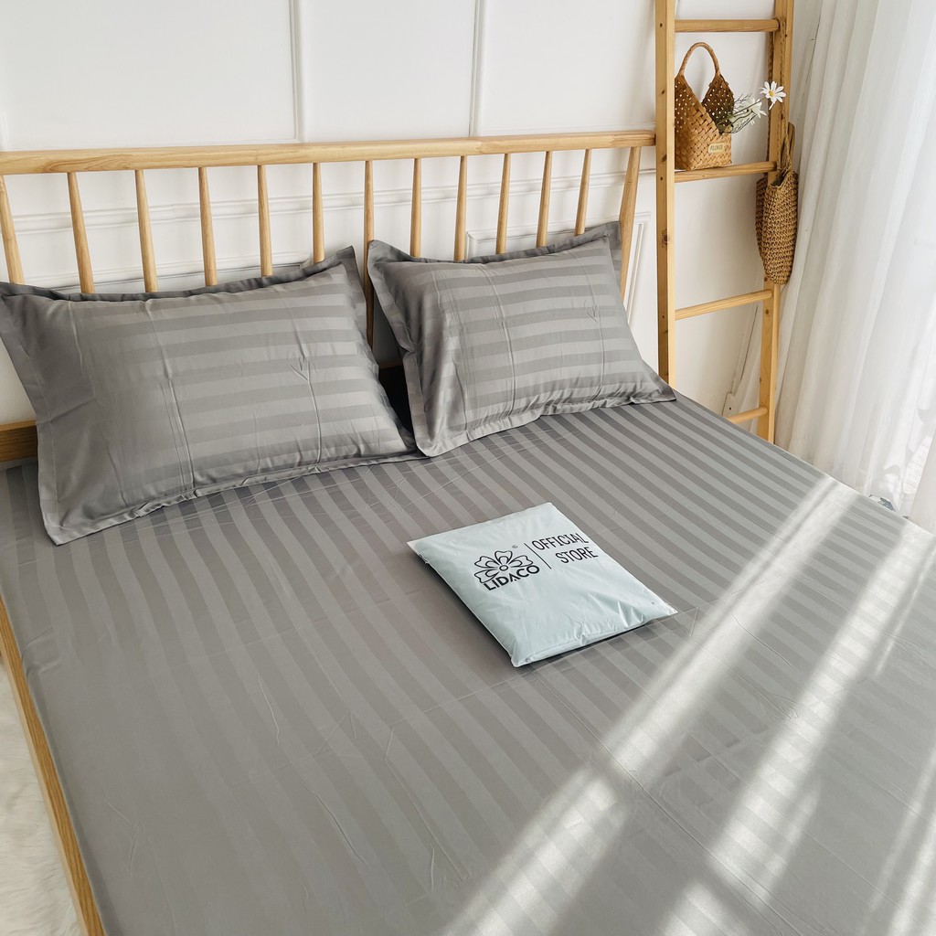 Bộ ga giường cotton kẻ sọc 3f LIDACO chuyên dùng khách sạn, homestay - Màu Ghi