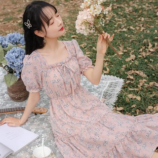 Váy hoa nhí ngắn tay Ulzzang, váy cổ vuông vinatge siêu xinh