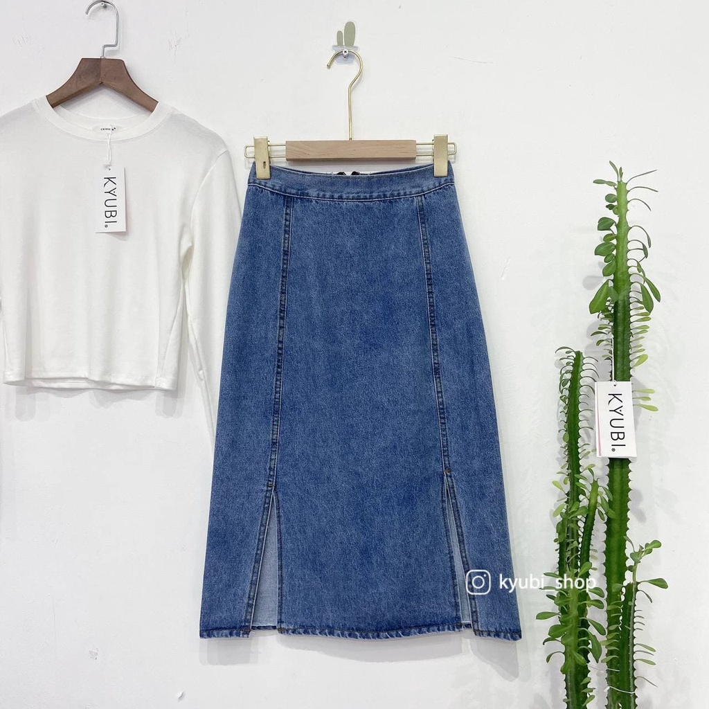 Chân váy dài Jean denim Midi Kyubi Xẻ tà Lưng cao dáng chữ A phong cách Hàn Quốc - Váy dài Ulzzang Kyubi CVJ02