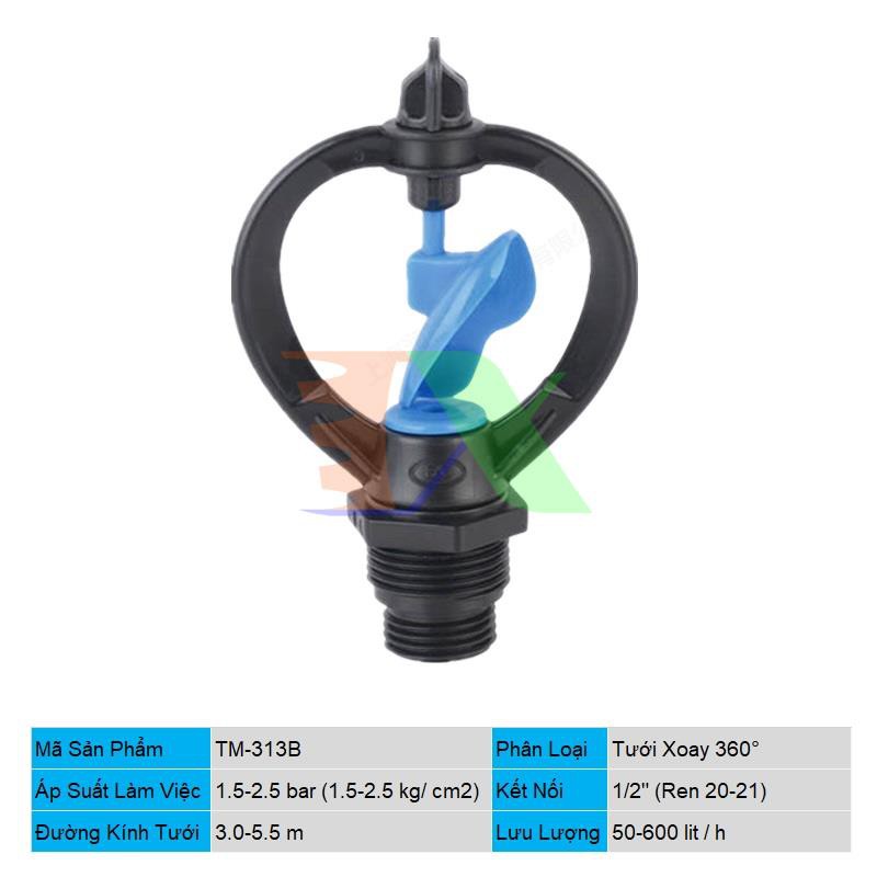 Bộ 10 Đầu tưới xoay phun mưa ren 21 TM-313A, Béc tưới xòe 360°, Béc bọ tưới tự động