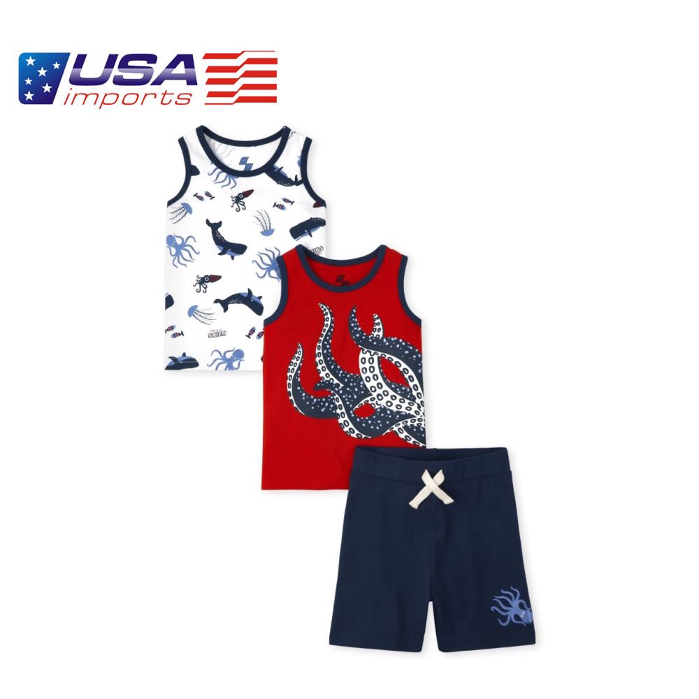 Set 3 món áo thun sát nách hoạ tiết bạch tuộc kèm quần short Children's Place Auth Từ Mỹ (3031731_BQ)