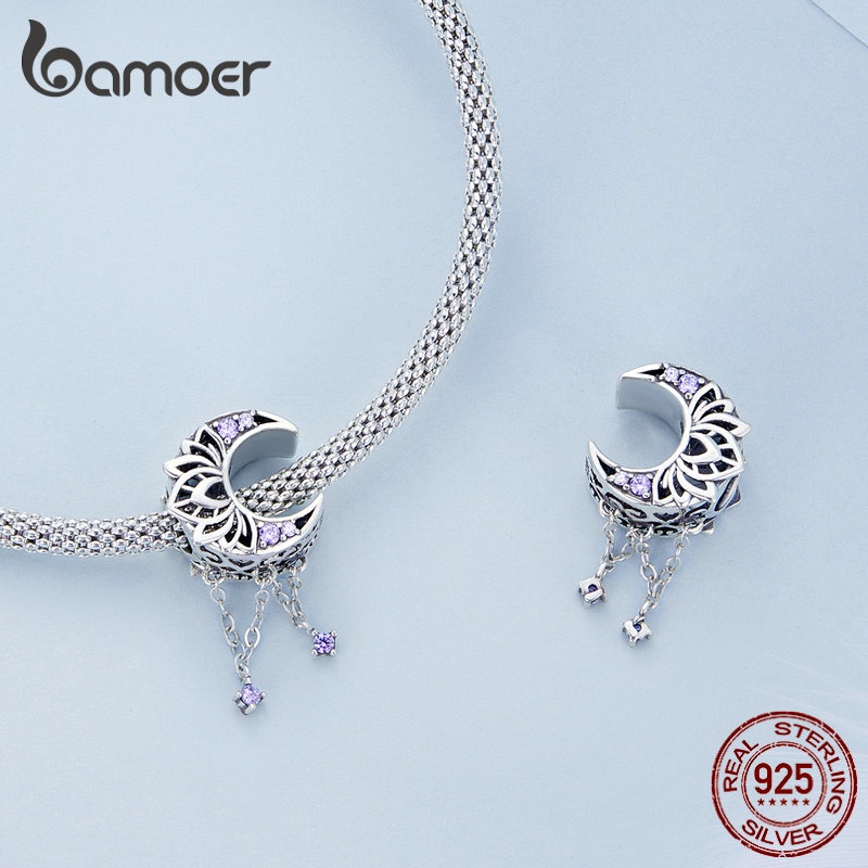 BAMOER Hạt Charm bạc 925 Hình Hoa Đính Đá Zircon Màu Tím