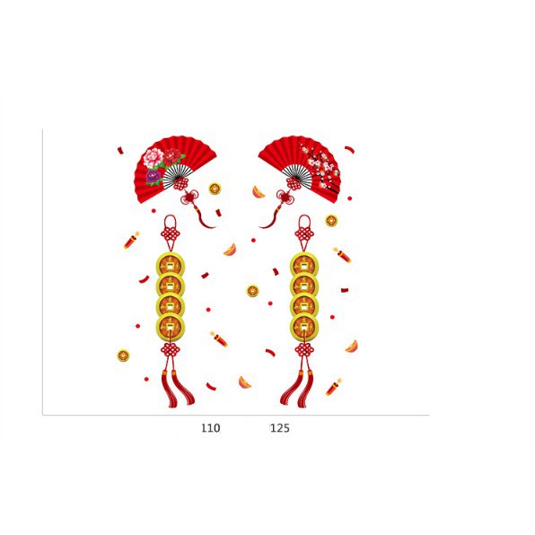 Decal trang trí tết 2021 - Dây Quạt đỏ đồng Xu may mắn