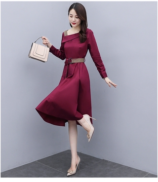Đầm Nữ Dài Tay Cổ Bẻ Eo Thắt Dây Thời Trang Hàn