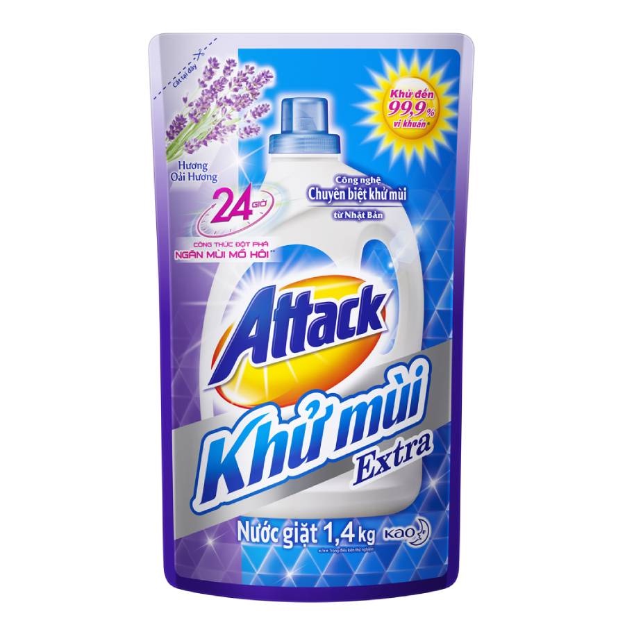 Nước giặt Attack Khử Mùi Extra hương hoa anh đào dạng túi 1,4kg và chai 2,4kg