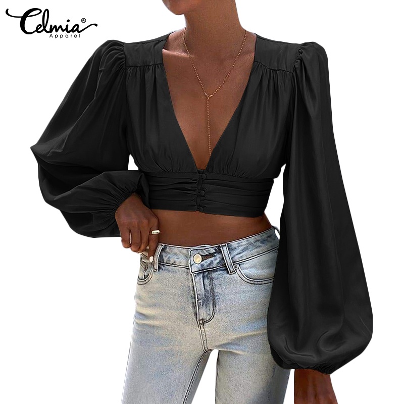 Áo croptop CELMIA tay phồng dài cổ chữ V khoét sâu phong cách đường phố thời trang cho nữ
