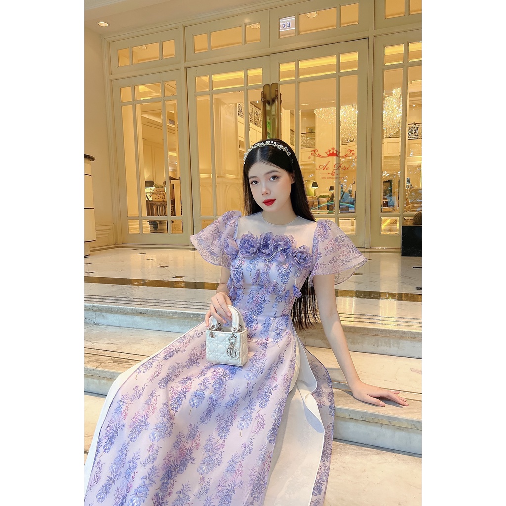 Áo dài cách tân 4 tà Organza Tím Oải Hương và Organza Hoa Hồng may kết đính tỉ mỉ kèm ảnh thật tự chụp