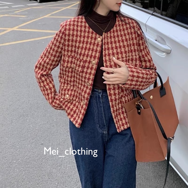 Áo Khoác Dạ Tweed Vintage cúc vàng, Áo dạ 2 lớp cổ tròn