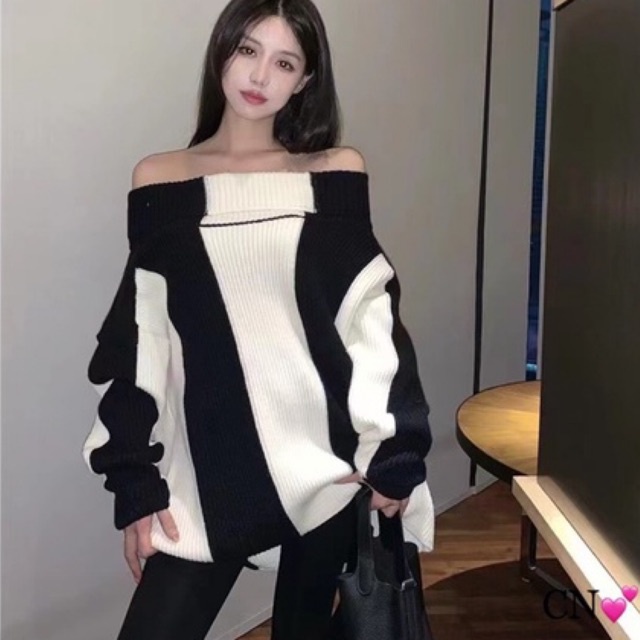 Áo len trễ vai kẻ sọc đen trắng tôn dáng hot trend 2021 ulzzang