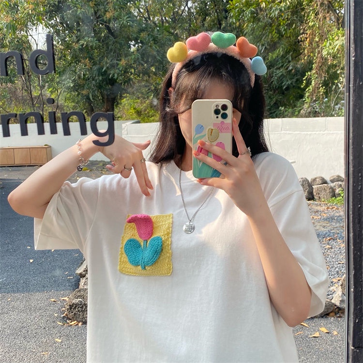 Áo Thun Nữ Ngắn Tay Có Túi In Hoa Mới