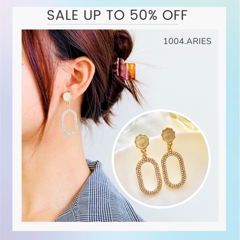Bông tai kiểu dài tròn đính thạch trắng tinh khôi- 1004 ARIES