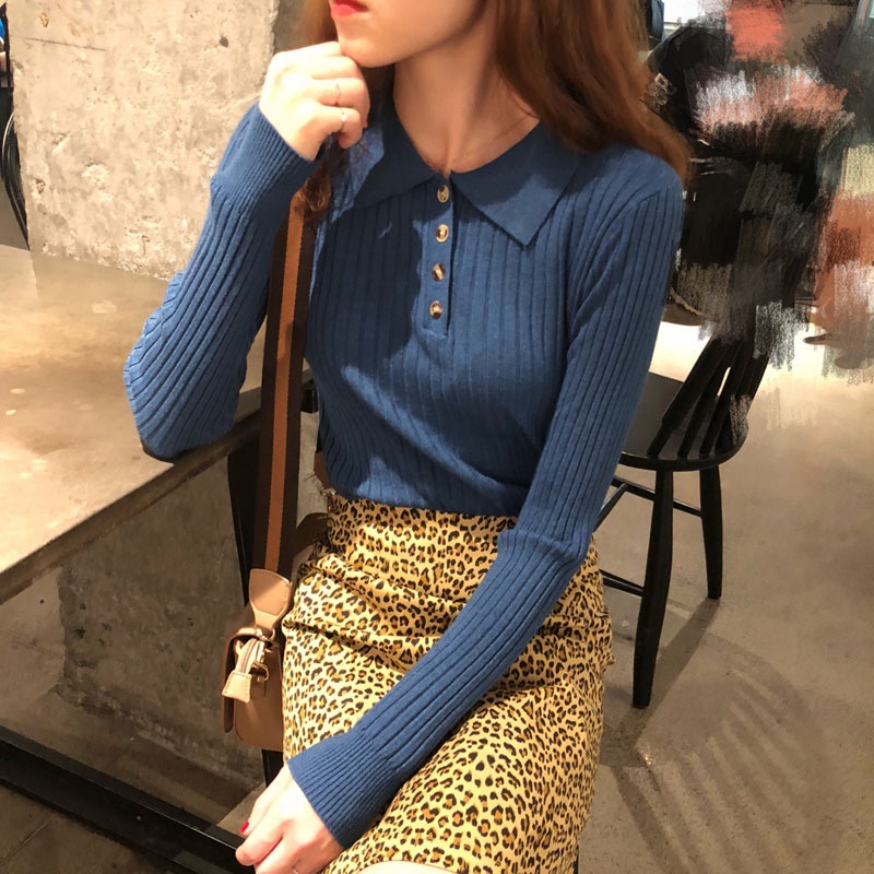 Áo sweater IELGY dệt kim mỏng co giãn dài tay gài nút phong cách Hàn Quốc thời trang cho nữ