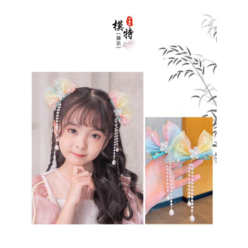 Bộ 2 Trâm Cài Tóc Đính Nơ Tua Rua Phong Cách Công Chúa Cổ Điển Cho Bé Gái