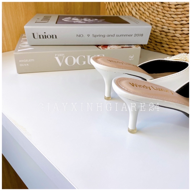 Giày cao gót bít mũi nơ hạt kết ngọc siêu đẹp GBMNC