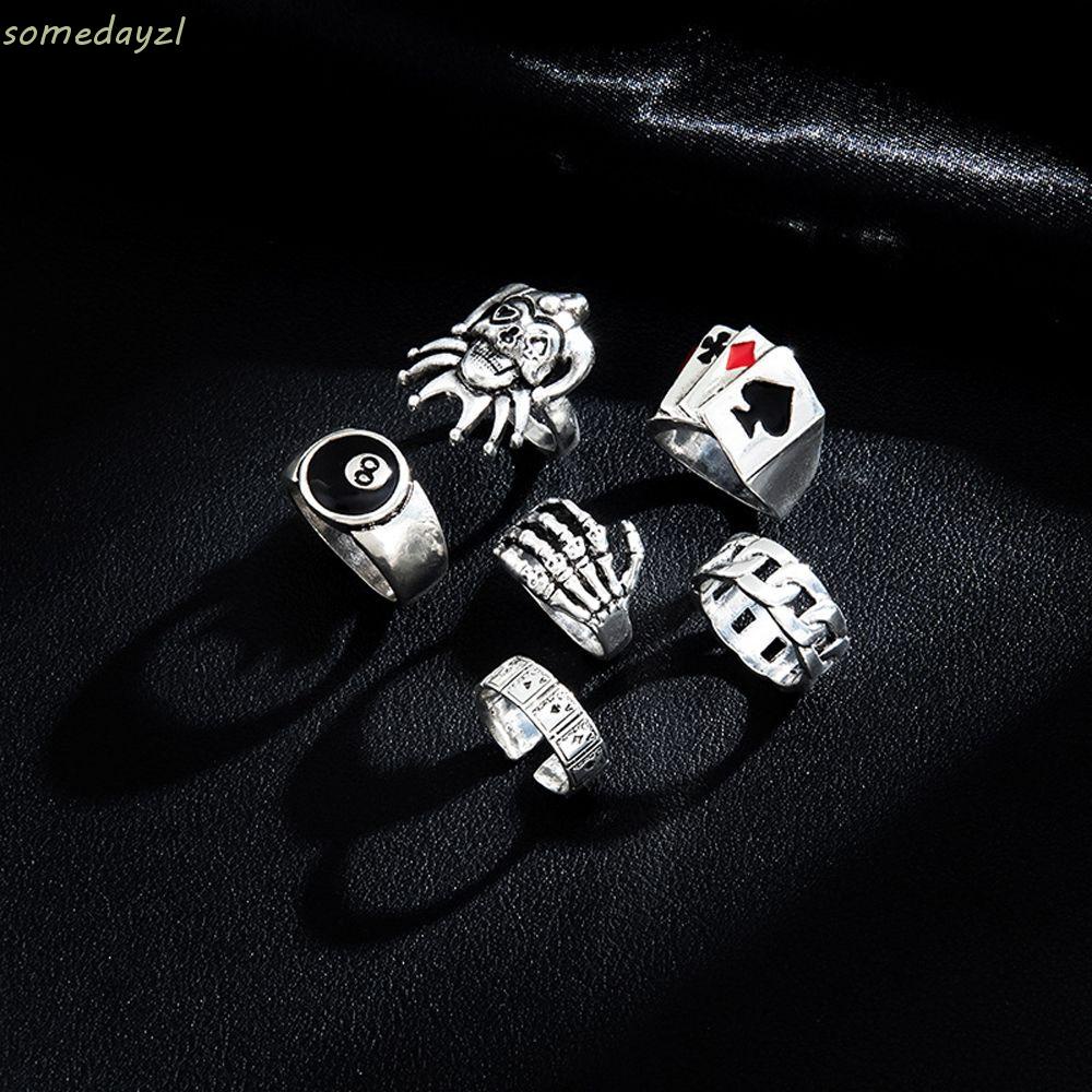Bộ 6 Nhẫn Thiết Kế Hình Lá Bài Phong Cách Punk Hàn Quốc Thời Trang Cho Nam
