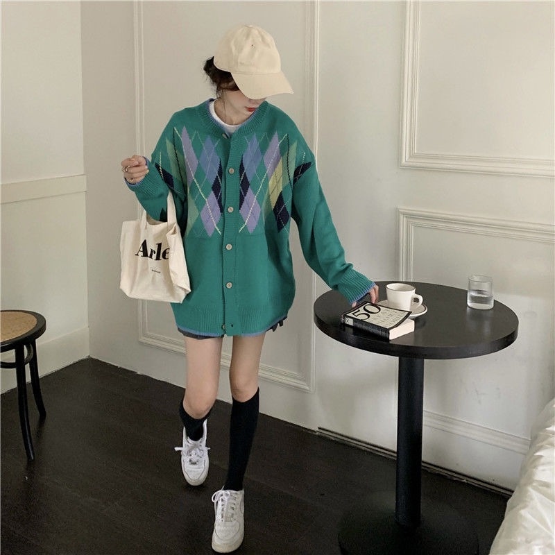 Áo khoác Cardigan dệt kim dáng rộng họa tiết kim cương xanh lá thời trang cho nữ