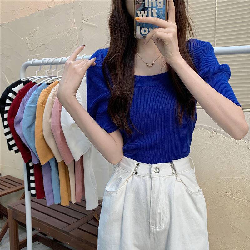 Áo Dệt Kim Tay Phồng Ngắn Cổ Vuông Dáng Ôm Kiểu Pháp Thời Trang Cho Nữ