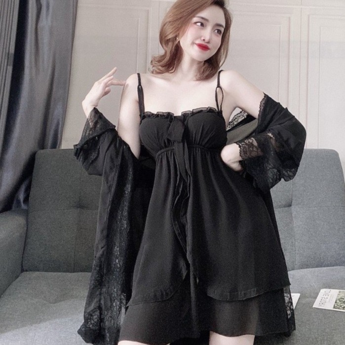 Váy Ngủ 2 Dây Gợi Cảm Kèm Áo Choàng – Sét Đầm Ngủ Freesize Sexy Lụa Satin Phối Ren Bánh Bèo Quyến Rũ