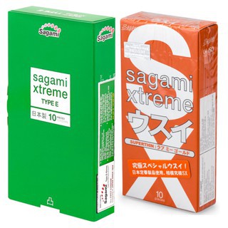 Bộ Bao cao su Gân-Gai-Thắt Sagami Xtreme Green và Bao cao su Siêu mỏng Sagami Love me Orange 10 chiếc x 2   -NC