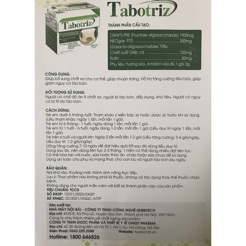 TABOTRIZ - Chất xơ hoà tan cho người bị táo bón,trĩ