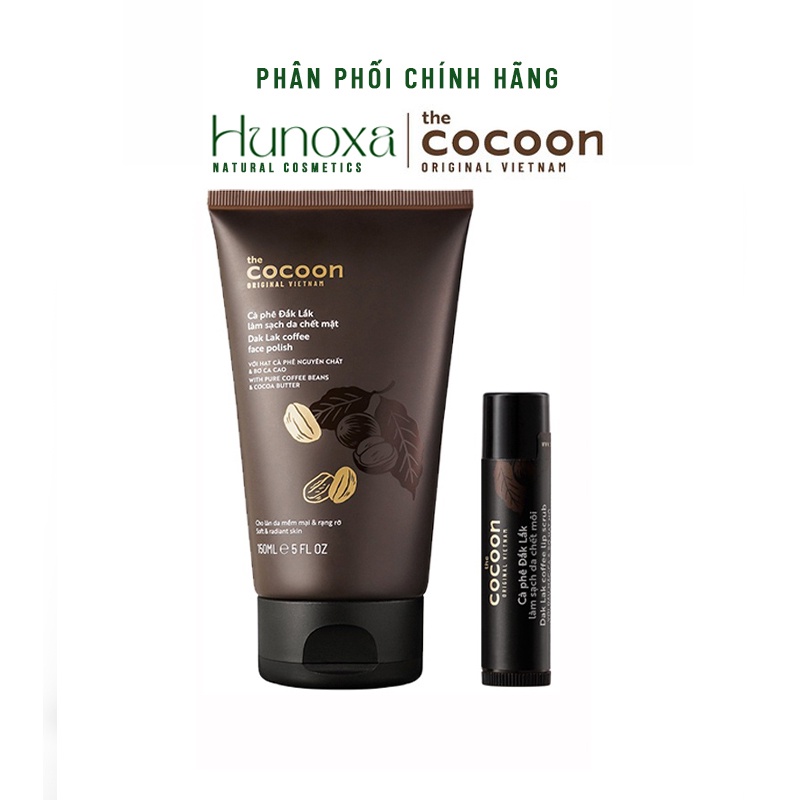 Combo tẩy tế bào chết mặt và tẩy da chết dưỡng môi cà phê Đắk Lắk Cocoon cho làn da mịn màng – HUNOXA
