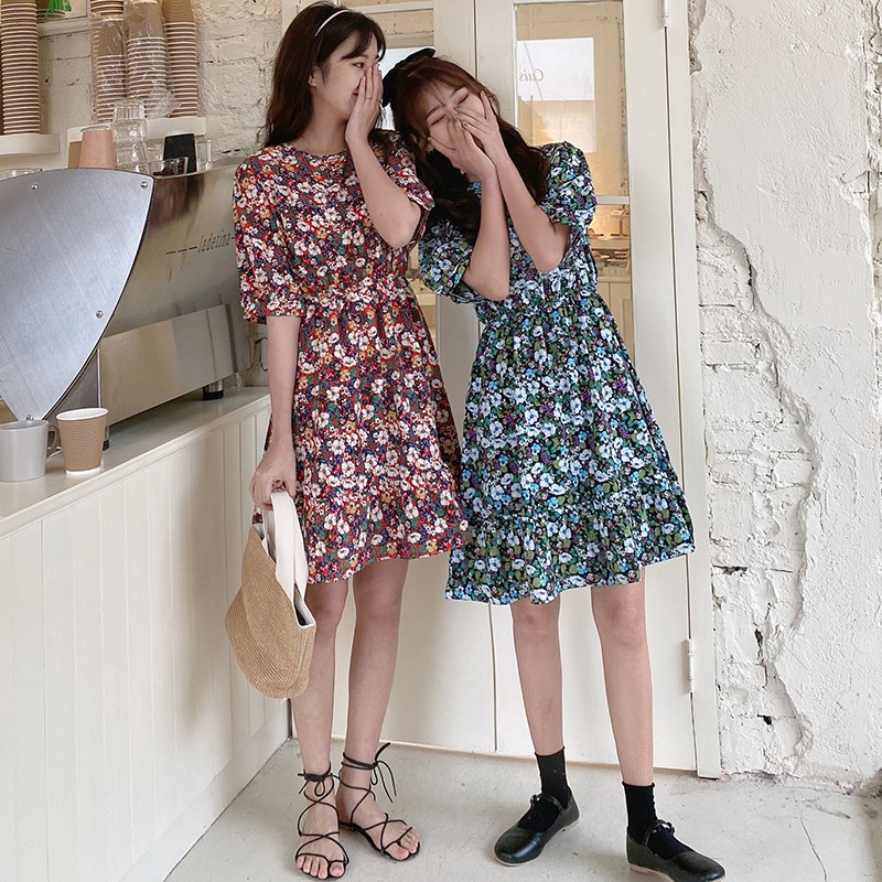 Đầm Tay Ngắn Hoạ Tiết Hoa Thiết Kế Thanh Lịch Phong Cách Hàn Quốc